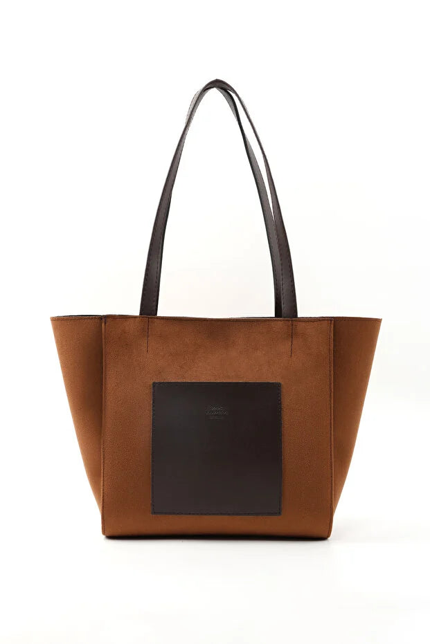 Large Faux Leather Zip Closure Tote Bag with Front Pocket Hand Arm and