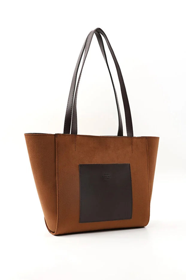 Large Faux Leather Zip Closure Tote Bag with Front Pocket Hand Arm and