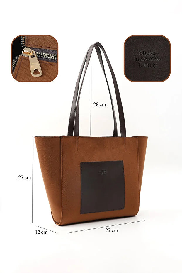Large Faux Leather Zip Closure Tote Bag with Front Pocket Hand Arm and