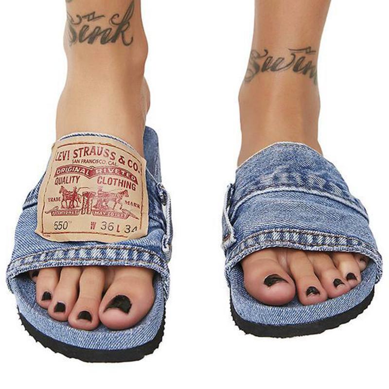 Denim Cool Round Head Flat Slides Blue/Black