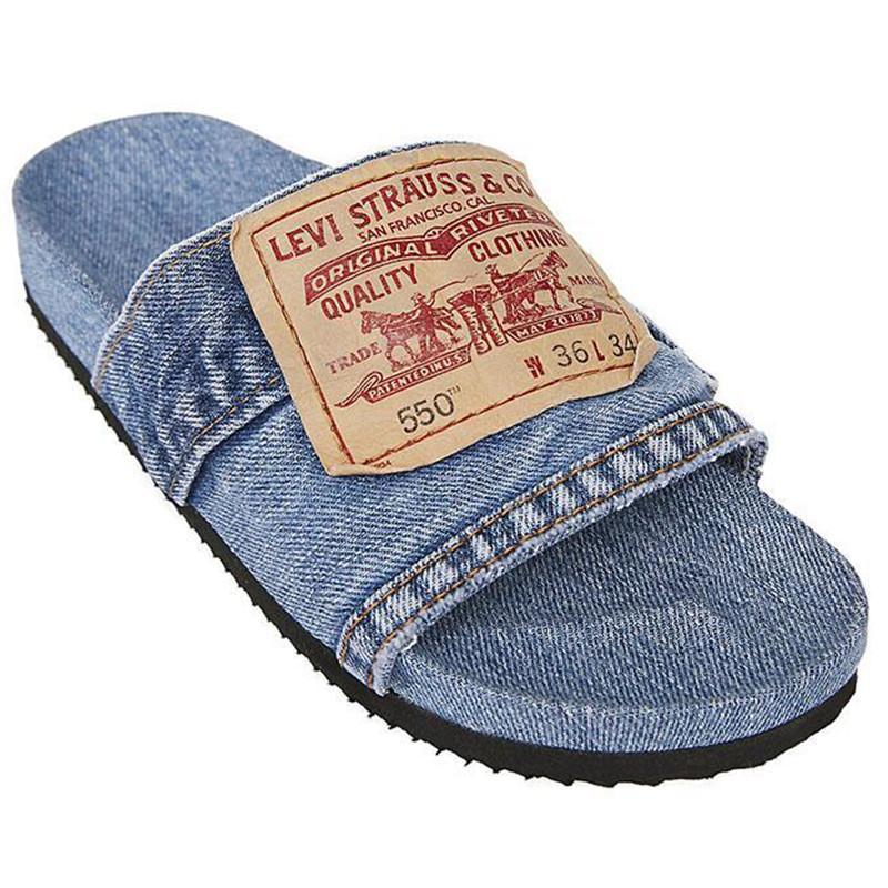 Denim Cool Round Head Flat Slides Blue/Black