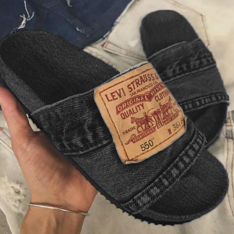 Denim Cool Round Head Flat Slides Blue/Black