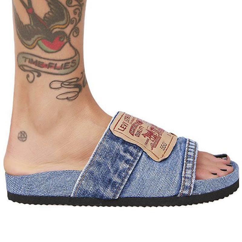Denim Cool Round Head Flat Slides Blue/Black