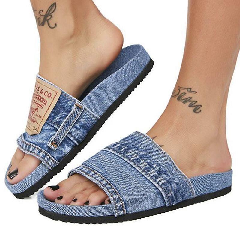 Denim Cool Round Head Flat Slides Blue/Black